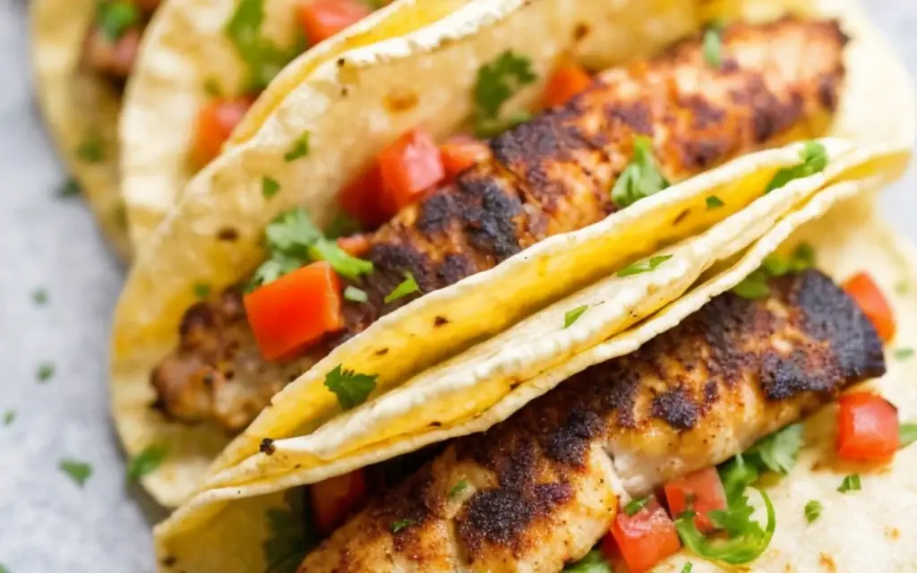 Delectable blackened tilapia tacos, sizzling with a golden-brown crust, nestled in soft corn tortillas. The fish is seasoned with a blend of smoky paprika, earthy cumin, and fiery cayenne, seared to perfection in a hot cast-iron skillet. Vibrant green cabbage slaw, tangy lime crema, and a scattering of diced tomatoes and cilantro add fresh contrast. The tacos are artfully arranged on a rustic wooden surface, with a backdrop of moody shadows and warm, indirect lighting, creating an appetizing and inviting scene. Delectable blackened tilapia tacos,