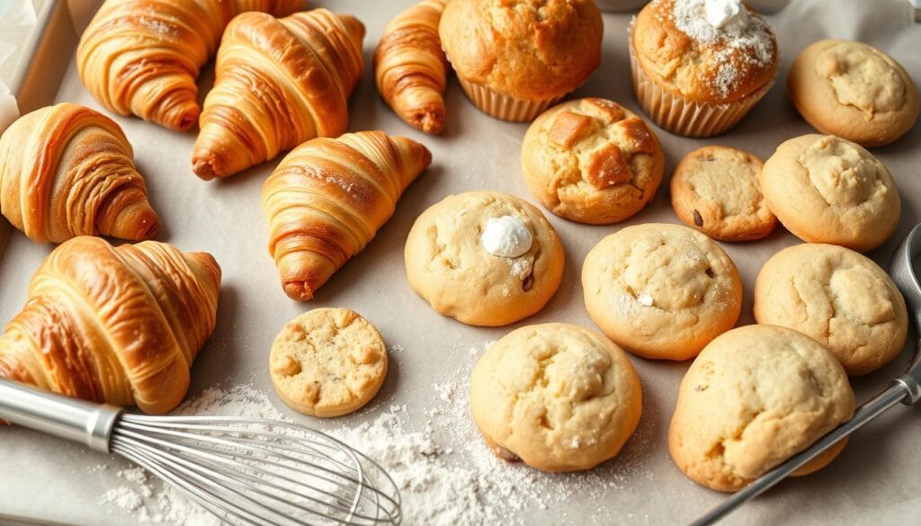 A baking sheet filled with an assortment of freshly baked gluten-free and dairy-free pastries, including flaky croissants, muffins, and lightly golden cookies. The arrangement is set against a neutral background, with soft, natural lighting highlighting the delicate textures and subtly sweet aroma of the baked goods. In the foreground, a sprinkling of flour and a few essential baking tools, such as a whisk and measuring cups, suggest the care and attention that went into crafting these allergy-friendly treats. The overall composition conveys a sense of homemade warmth and culinary expertise, perfectly suited to illustrate the "Tips for Successful Gluten and Dairy-Free Baking" section. A baking sheet filled with an assortment of freshly baked gluten-free and dairy-free pastries, including flaky croissants, muffins, and lightly golden cookies. The arrangement is set against a neutral background, with soft, natural lighting highlighting the delicate textures and subtly sweet aroma of the baked goods. In the foreground, a sprinkling of flour and a few essential baking tools, such as a whisk and measuring cups, suggest the care and attention that went into crafting these allergy-friendly treats. The overall composition conveys a sense of homemade warmth and culinary expertise, perfectly suited to illustrate the "Tips for Successful Gluten and Dairy-Free Baking" section.