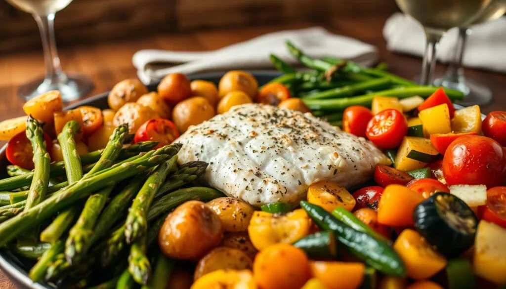 A beautifully arranged spread of side dishes complementing a perfectly baked walleye fillet. In the foreground, a vibrant array of sautéed vegetables, including tender asparagus spears, roasted baby potatoes with a crisp golden crust, and a colorful medley of bell peppers, zucchini, and cherry tomatoes. In the middle ground, a delectable walleye fillet, its flaky white flesh seasoned with a light dusting of herbs and a squeeze of lemon. The background features a rustic wooden table, with a linen napkin and a simple glass of white wine, setting the scene for a wholesome and satisfying meal. Soft, natural lighting casts a warm glow, creating an inviting and appetizing atmosphere. A beautifully arranged spread of side dishes complementing a perfectly baked walleye fillet. In the foreground, a vibrant array of sautéed vegetables, including tender asparagus spears, roasted baby potatoes with a crisp golden crust, and a colorful medley of bell peppers, zucchini, and cherry tomatoes. In the middle ground, a delectable walleye fillet, its flaky white flesh seasoned with a light dusting of herbs and a squeeze of lemon. The background features a rustic wooden table, with a linen napkin and a simple glass of white wine, setting the scene for a wholesome and satisfying meal. Soft, natural lighting casts a warm glow, creating an inviting and appetizing atmosphere.