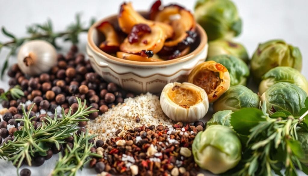 A beautifully arranged still life of various seasonings and spices to complement roasted Brussels sprouts. In the foreground, an array of fresh sprigs of rosemary, thyme, and sage, their verdant hues contrasting with the rich, earthy tones of whole peppercorns, crushed red pepper flakes, and coarse sea salt. In the middle ground, a vintage-style ceramic bowl filled with toasted garlic cloves and caramelized shallot slices, their amber tones adding warmth and depth. Backlighting casts a soft, natural glow, highlighting the textural details of the ingredients. The overall composition conveys a sense of rustic elegance, inviting the viewer to imagine the robust, flavorful result of seasoning perfectly roasted Brussels sprouts. A beautifully arranged still life of various seasonings and spices to complement roasted Brussels sprouts. In the foreground, an array of fresh sprigs of rosemary, thyme, and sage, their verdant hues contrasting with the rich, earthy tones of whole peppercorns, crushed red pepper flakes, and coarse sea salt. In the middle ground, a vintage-style ceramic bowl filled with toasted garlic cloves and caramelized shallot slices, their amber tones adding warmth and depth. Backlighting casts a soft, natural glow, highlighting the textural details of the ingredients. The overall composition conveys a sense of rustic elegance, inviting the viewer to imagine the robust, flavorful result of seasoning perfectly roasted Brussels sprouts.