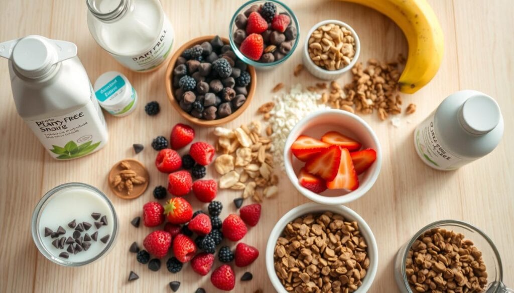 A beautifully styled, natural-lit overhead shot of an assortment of dairy-free baking ingredients arranged on a light wooden table. In the foreground, a variety of plant-based milks, dairy-free chocolate chips, and coconut oil. In the middle ground, fresh fruit like berries and bananas. In the background, a scattering of nuts, seeds, and alternative sweeteners like maple syrup and coconut sugar. The lighting is soft and diffused, creating a warm, inviting atmosphere. The focus is sharp, emphasizing the textures and colors of the ingredients, conveying the simplicity and versatility of dairy-free cooking. A beautifully styled, natural-lit overhead shot of an assortment of dairy-free baking ingredients arranged on a light wooden table. In the foreground, a variety of plant-based milks, dairy-free chocolate chips, and coconut oil. In the middle ground, fresh fruit like berries and bananas. In the background, a scattering of nuts, seeds, and alternative sweeteners like maple syrup and coconut sugar. The lighting is soft and diffused, creating a warm, inviting atmosphere. The focus is sharp, emphasizing the textures and colors of the ingredients, conveying the simplicity and versatility of dairy-free cooking.