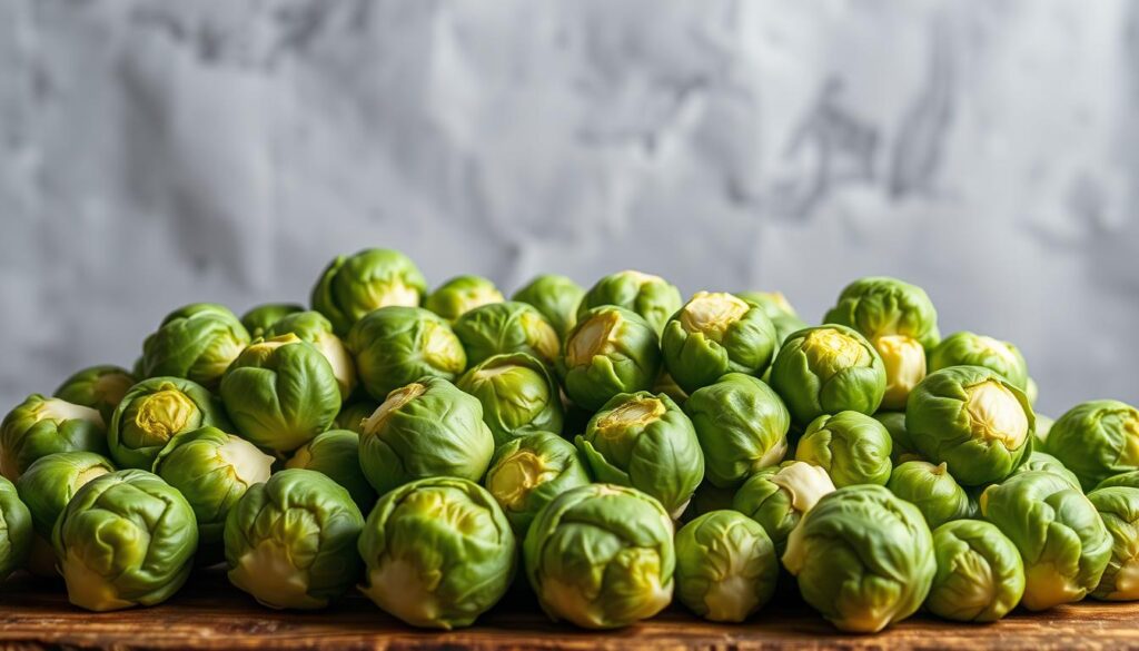A bountiful arrangement of fresh Brussels sprouts, each tightly packed floret glistening under the soft, diffused lighting. The vegetables are carefully arranged on a rustic wooden surface, their vibrant green hues and intricate textures catching the eye. In the background, a simple gray seamless backdrop creates a clean, minimalist focus on the star of the scene. The camera angle is slightly elevated, lending a sense of depth and dimensionality to the composition. This image exudes a sense of culinary exploration, inviting the viewer to imagine the endless possibilities of Brussels sprouts beyond the traditional roasting method. A bountiful arrangement of fresh Brussels sprouts, each tightly packed floret glistening under the soft, diffused lighting. The vegetables are carefully arranged on a rustic wooden surface, their vibrant green hues and intricate textures catching the eye. In the background, a simple gray seamless backdrop creates a clean, minimalist focus on the star of the scene. The camera angle is slightly elevated, lending a sense of depth and dimensionality to the composition. This image exudes a sense of culinary exploration, inviting the viewer to imagine the endless possibilities of Brussels sprouts beyond the traditional roasting method.