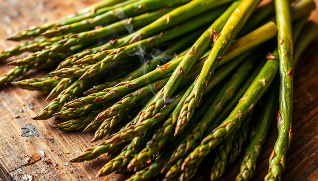A bountiful arrangement of freshly roasted asparagus spears, their vibrant green hues glistening under the warm, natural light. The slender stalks, elegantly arranged on a rustic wooden surface, exude an aroma of toasted nutty notes. Delicate wisps of steam rise, hinting at the tender, caramelized texture within. The scene is captured from a slightly elevated angle, allowing the viewer to appreciate the simplicity and allure of this essential ingredient for the perfect roasted asparagus dish. The overall mood is one of rustic elegance, inviting the viewer to imagine the satisfying crunch and flavor that await. A bountiful arrangement of freshly roasted asparagus spears, their vibrant green hues glistening under the warm, natural light. The slender stalks, elegantly arranged on a rustic wooden surface, exude an aroma of toasted nutty notes. Delicate wisps of steam rise, hinting at the tender, caramelized texture within. The scene is captured from a slightly elevated angle, allowing the viewer to appreciate the simplicity and allure of this essential ingredient for the perfect roasted asparagus dish. The overall mood is one of rustic elegance, inviting the viewer to imagine the satisfying crunch and flavor that await.