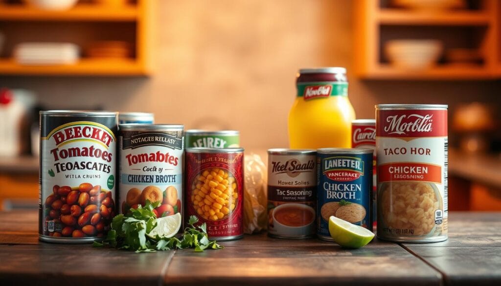 A bountiful still life of the essential cans for 7-Can Chicken Taco Soup, arranged on a rustic wooden table against a warm, softly-lit background. In the foreground, the cans of beans, tomatoes, corn, taco seasoning, and chicken broth stand out in vivid detail, their labels and metallic surfaces catching the gentle illumination. The middle ground features a few sprigs of fresh cilantro and a wedge of lime, hinting at the flavorful soup to come. The background is suffused with a cozy, inviting atmosphere, perhaps a kitchen counter or shelves, suggesting the comforting, homemade nature of this quick and easy dinner. A bountiful still life of the essential cans for 7-Can Chicken Taco Soup, arranged on a rustic wooden table against a warm, softly-lit background. In the foreground, the cans of beans, tomatoes, corn, taco seasoning, and chicken broth stand out in vivid detail, their labels and metallic surfaces catching the gentle illumination. The middle ground features a few sprigs of fresh cilantro and a wedge of lime, hinting at the flavorful soup to come. The background is suffused with a cozy, inviting atmosphere, perhaps a kitchen counter or shelves, suggesting the comforting, homemade nature of this quick and easy dinner.