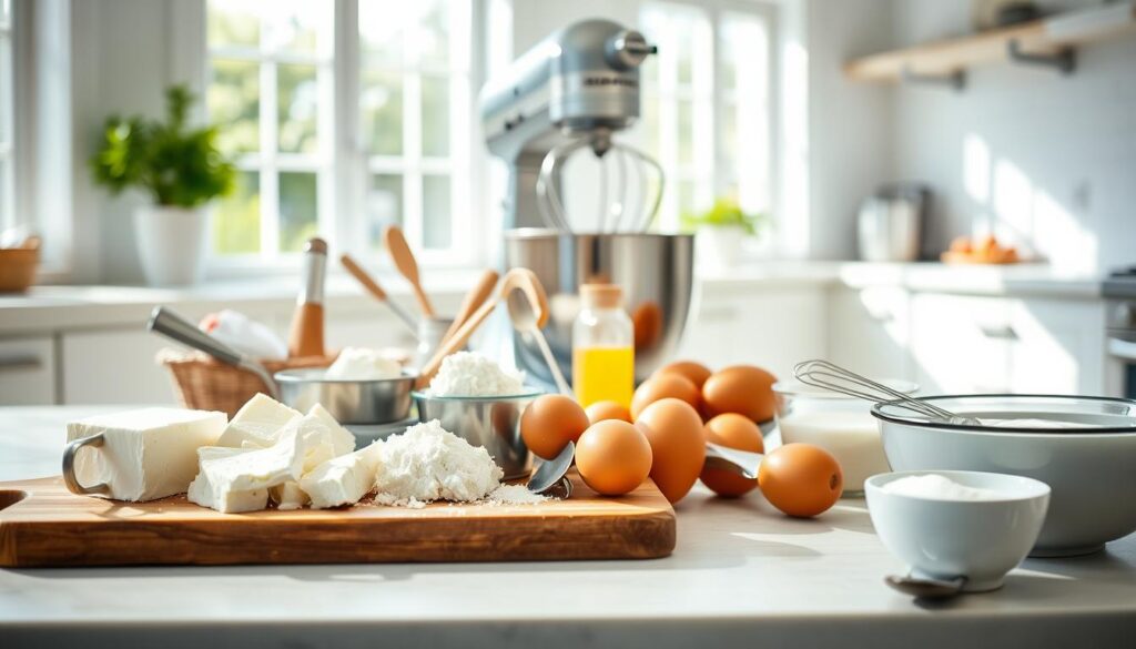 A bright, airy kitchen with natural light streaming in from large windows. In the foreground, a wooden cutting board holds a selection of ingredients - fresh cottage cheese, eggs, sugar, and a variety of baking tools. Utensils and mixing bowls are neatly arranged, ready for the preparation process. In the middle ground, a stainless steel stand mixer stands poised, its metal whisk attachment gleaming. The background features clean, white countertops and a simple, minimalist aesthetic, allowing the focus to remain on the cottage cheese cheesecake ingredients and the process of creating this delectable dessert. The overall mood is one of organization, anticipation, and a sense of healthy, homemade indulgence.