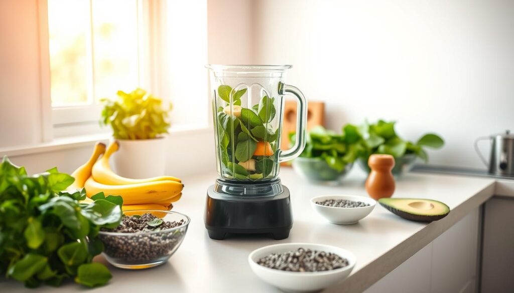 A bright and airy kitchen countertop, with an assortment of fresh green ingredients laid out for a healthy smoothie prep. In the foreground, a blender filled with leafy greens, bananas, and other vibrant produce. Surrounding it, neatly arranged bowls of chia seeds, spinach, kiwi, and avocado slices. Warm, natural lighting filters in through a nearby window, casting a soft glow on the scene. In the background, a minimalist white wall provides a clean, uncluttered backdrop, emphasizing the fresh, nutritious ingredients. The overall atmosphere radiates wellness, inviting the viewer to imagine the energizing green smoothie about to be blended. A bright and airy kitchen countertop, with an assortment of fresh green ingredients laid out for a healthy smoothie prep. In the foreground, a blender filled with leafy greens, bananas, and other vibrant produce. Surrounding it, neatly arranged bowls of chia seeds, spinach, kiwi, and avocado slices. Warm, natural lighting filters in through a nearby window, casting a soft glow on the scene. In the background, a minimalist white wall provides a clean, uncluttered backdrop, emphasizing the fresh, nutritious ingredients. The overall atmosphere radiates wellness, inviting the viewer to imagine the energizing green smoothie about to be blended.