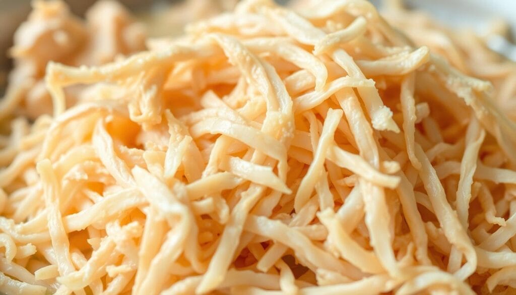 A close-up, detailed shot of freshly shredded chicken breast, plump and tender, with strands of white meat glistening under a soft, natural lighting. The chicken appears moist and juicy, with a slightly pulled, stringy texture that suggests it has been cooked low and slow. The background is blurred, drawing the viewer's focus directly to the forefront, where the chicken takes center stage, ready to be incorporated into a creamy, comforting dish. A close-up, detailed shot of freshly shredded chicken breast, plump and tender, with strands of white meat glistening under a soft, natural lighting. The chicken appears moist and juicy, with a slightly pulled, stringy texture that suggests it has been cooked low and slow. The background is blurred, drawing the viewer's focus directly to the forefront, where the chicken takes center stage, ready to be incorporated into a creamy, comforting dish.