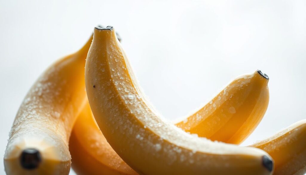 A close-up photograph of several frozen ripe bananas, their peel removed, arranged in a simple and minimalist composition against a soft, slightly blurred background. The bananas are glistening with a thin layer of ice crystals, creating a sense of freshness and chill. The lighting is soft and diffused, with a gentle side-lighting that accentuates the texture and shape of the frozen fruit. The overall mood is crisp, clean, and inviting, conveying the ideal preparation for a nourishing banana smoothie. A close-up photograph of several frozen ripe bananas, their peel removed, arranged in a simple and minimalist composition against a soft, slightly blurred background. The bananas are glistening with a thin layer of ice crystals, creating a sense of freshness and chill. The lighting is soft and diffused, with a gentle side-lighting that accentuates the texture and shape of the frozen fruit. The overall mood is crisp, clean, and inviting, conveying the ideal preparation for a nourishing banana smoothie.