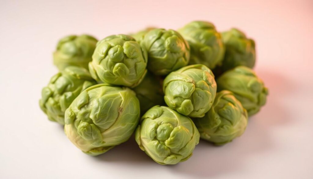 A close-up shot of freshly picked Brussels sprouts, their tightly-clustered green heads glistening under warm studio lighting. The sprouts are arranged on a clean, white background, showcasing their vibrant, textured surfaces and delicate leaves. The image captures the sprouts' inherent beauty, highlighting their compact yet intricate structure, inviting the viewer to explore their versatility in the kitchen. The lighting casts subtle shadows, adding depth and dimension to the composition, while maintaining a clean, minimalist aesthetic suitable for an informative culinary article. A close-up shot of freshly picked Brussels sprouts, their tightly-clustered green heads glistening under warm studio lighting. The sprouts are arranged on a clean, white background, showcasing their vibrant, textured surfaces and delicate leaves. The image captures the sprouts' inherent beauty, highlighting their compact yet intricate structure, inviting the viewer to explore their versatility in the kitchen. The lighting casts subtle shadows, adding depth and dimension to the composition, while maintaining a clean, minimalist aesthetic suitable for an informative culinary article.
