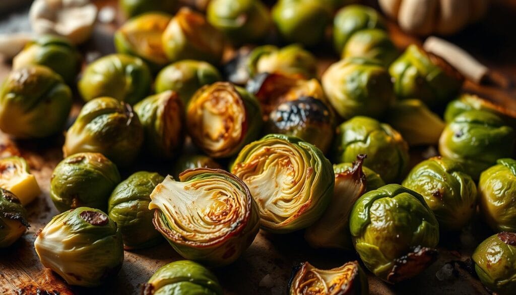 A close-up shot of freshly roasted Brussels sprouts, their outer leaves crisp and golden brown, revealing tender, vibrant green centers. The sprouts are arranged on a rustic baking sheet, with a hint of sea salt and fragrant, roasted garlic in the background. Warm, natural lighting casts subtle shadows, accentuating the textural contrast of the sprouts. The scene conveys a sense of simple, wholesome preparation, inviting the viewer to imagine the satisfying crunch and irresistible aroma of these perfectly roasted Brussels sprouts. A close-up shot of freshly roasted Brussels sprouts, their outer leaves crisp and golden brown, revealing tender, vibrant green centers. The sprouts are arranged on a rustic baking sheet, with a hint of sea salt and fragrant, roasted garlic in the background. Warm, natural lighting casts subtle shadows, accentuating the textural contrast of the sprouts. The scene conveys a sense of simple, wholesome preparation, inviting the viewer to imagine the satisfying crunch and irresistible aroma of these perfectly roasted Brussels sprouts.
