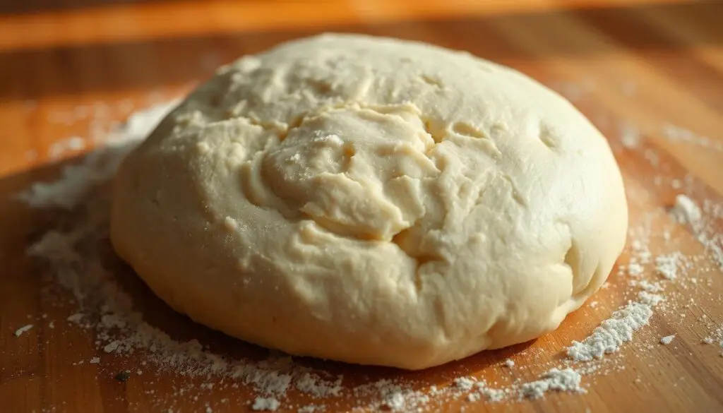 A closeup of freshly kneaded homemade bread dough, resting on a wooden surface. The dough is a soft, pliable mound, its surface slightly tacky and glistening with tiny air bubbles. Flour dusts the edges, hinting at the process of shaping and stretching. Warm, natural lighting casts a golden glow, emphasizing the rich, earthy tones of the dough. The camera angle is low, putting the viewer in an intimate, almost tactile relationship with the satisfying texture of the dough. The overall scene conveys the humble, handcrafted nature of this essential baking ingredient, ready to be transformed into a delicious loaf of homemade bread. A closeup of freshly kneaded homemade bread dough, resting on a wooden surface. The dough is a soft, pliable mound, its surface slightly tacky and glistening with tiny air bubbles. Flour dusts the edges, hinting at the process of shaping and stretching. Warm, natural lighting casts a golden glow, emphasizing the rich, earthy tones of the dough. The camera angle is low, putting the viewer in an intimate, almost tactile relationship with the satisfying texture of the dough. The overall scene conveys the humble, handcrafted nature of this essential baking ingredient, ready to be transformed into a delicious loaf of homemade bread.