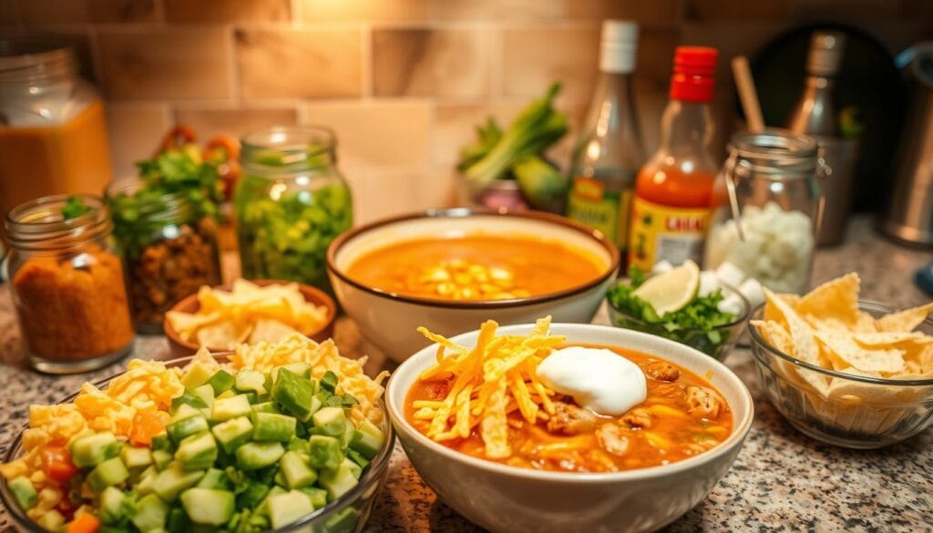 A cozy kitchen counter showcases an array of colorful toppings for a steaming bowl of chicken taco soup. In the foreground, diced avocado, shredded cheese, crispy tortilla strips, and a dollop of sour cream invite customization. The middle ground features a large bowl of the hearty soup, its surface glistening with a light sheen. Surrounding the soup, an assortment of glass jars and bottles hold chopped cilantro, diced onions, lime wedges, and hot sauce, allowing the diner to personalize their meal. Warm, ambient lighting casts a inviting glow, creating a welcoming atmosphere for this comforting, customizable dish. A cozy kitchen counter showcases an array of colorful toppings for a steaming bowl of chicken taco soup. In the foreground, diced avocado, shredded cheese, crispy tortilla strips, and a dollop of sour cream invite customization. The middle ground features a large bowl of the hearty soup, its surface glistening with a light sheen. Surrounding the soup, an assortment of glass jars and bottles hold chopped cilantro, diced onions, lime wedges, and hot sauce, allowing the diner to personalize their meal. Warm, ambient lighting casts a inviting glow, creating a welcoming atmosphere for this comforting, customizable dish.