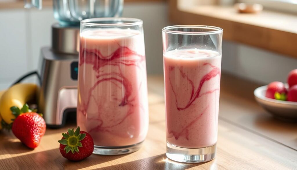 A creamy, vibrant smoothie with fresh strawberries and ripe bananas sits atop a wooden table, illuminated by soft, natural lighting. The glass vessel reflects the rich, pink-hued liquid, with a swirling pattern of pink and white. Nearby, a stainless steel blender stands ready, its blades gleaming, hinting at the effortless process that created this delightful concoction. The scene evokes a sense of wholesome, homemade goodness, inviting the viewer to savor the perfect balance of sweet and tart flavors. The overall composition emphasizes the smoothie's visual appeal, capturing the essence of the "Pro Tips for the Best Smoothie Results" section. A creamy, vibrant smoothie with fresh strawberries and ripe bananas sits atop a wooden table, illuminated by soft, natural lighting. The glass vessel reflects the rich, pink-hued liquid, with a swirling pattern of pink and white. Nearby, a stainless steel blender stands ready, its blades gleaming, hinting at the effortless process that created this delightful concoction. The scene evokes a sense of wholesome, homemade goodness, inviting the viewer to savor the perfect balance of sweet and tart flavors. The overall composition emphasizes the smoothie's visual appeal, capturing the essence of the "Pro Tips for the Best Smoothie Results" section.