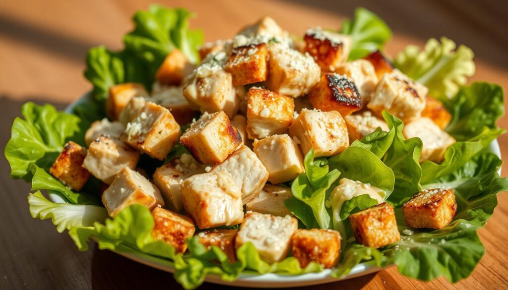 A crisp, freshly-plucked romaine lettuce base, topped with perfectly-cubed roasted chicken, grated parmesan, and crunchy croutons. Drizzled with a creamy, tangy Caesar dressing, the salad is illuminated by natural, warm lighting from the side, casting gentle shadows that accentuate the textures. The composition is balanced, the chicken cubes positioned intentionally to draw the eye. The overall mood is one of casual elegance, inviting the viewer to savor each bite of this flavorful, satisfying dish. A crisp, freshly-plucked romaine lettuce base, topped with perfectly-cubed roasted chicken, grated parmesan, and crunchy croutons. Drizzled with a creamy, tangy Caesar dressing, the salad is illuminated by natural, warm lighting from the side, casting gentle shadows that accentuate the textures. The composition is balanced, the chicken cubes positioned intentionally to draw the eye. The overall mood is one of casual elegance, inviting the viewer to savor each bite of this flavorful, satisfying dish.
