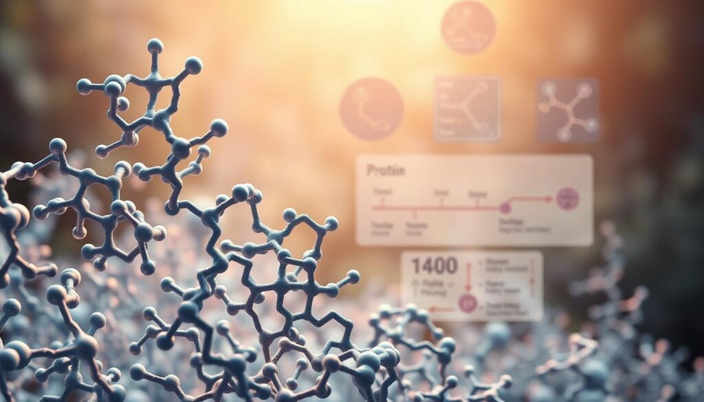 A detailed molecular diagram showcasing the intricate mechanisms of protein-driven weight management. In the foreground, a captivating 3D representation of complex protein structures, their amino acid chains intertwined, conveying the dynamic nature of this metabolic process. The midground features a schematic illustration of key hormones and enzymes regulating protein synthesis, fat metabolism, and energy balance. In the background, a softly blurred landscape of interconnected biological pathways, subtly hinting at the holistic, systemic impact of protein on weight regulation. Illuminated by a warm, natural lighting scheme, the scene exudes a sense of scientific elegance and physiological harmony. A detailed molecular diagram showcasing the intricate mechanisms of protein-driven weight management. In the foreground, a captivating 3D representation of complex protein structures, their amino acid chains intertwined, conveying the dynamic nature of this metabolic process. The midground features a schematic illustration of key hormones and enzymes regulating protein synthesis, fat metabolism, and energy balance. In the background, a softly blurred landscape of interconnected biological pathways, subtly hinting at the holistic, systemic impact of protein on weight regulation. Illuminated by a warm, natural lighting scheme, the scene exudes a sense of scientific elegance and physiological harmony.