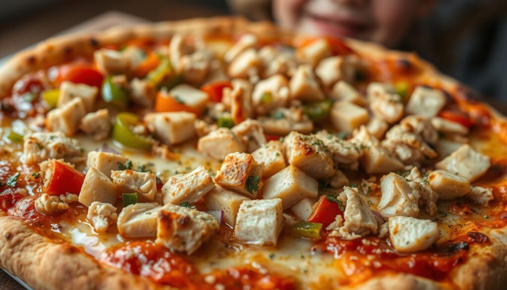 A freshly baked, golden-crusted pizza with a generous topping of succulent, juicy chopped chicken pieces. The savory aroma wafts through the air, inviting a child's eager gaze. Vibrant bell peppers and onions add pops of color, while a dusting of fragrant oregano and garlic completes the comforting, homemade appearance. Captured in a close-up, natural lighting highlights the glistening cheese and tender chicken, creating an irresistible image that would appeal to both kids and parents alike.