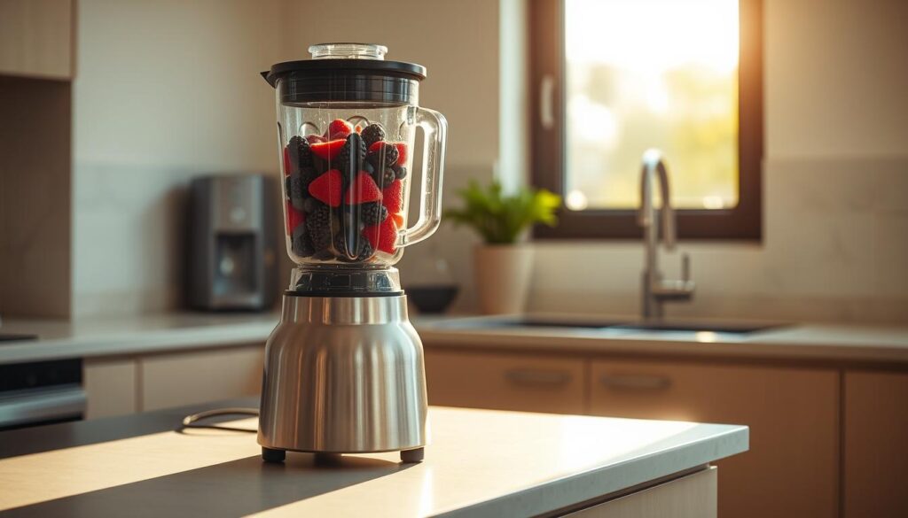 A high-quality, stainless steel blender on a sleek, neutral-toned kitchen counter, bathed in warm, natural lighting from a nearby window. The blender has a powerful motor, sturdy base, and a clear, tempered glass pitcher, ready to blend a vibrant, berry-filled smoothie. The scene exudes a sense of effortless functionality and culinary expertise, inviting the viewer to imagine the delicious, healthy drink that could be prepared with this essential kitchen appliance. A high-quality, stainless steel blender on a sleek, neutral-toned kitchen counter, bathed in warm, natural lighting from a nearby window. The blender has a powerful motor, sturdy base, and a clear, tempered glass pitcher, ready to blend a vibrant, berry-filled smoothie. The scene exudes a sense of effortless functionality and culinary expertise, inviting the viewer to imagine the delicious, healthy drink that could be prepared with this essential kitchen appliance.