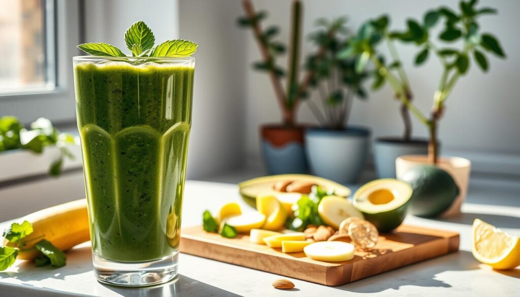 A lush, vibrant green smoothie set against a bright, airy backdrop. In the foreground, a sleek glass filled with a thick, creamy blend of fresh spinach, kale, banana, and avocado, garnished with a sprig of mint. Sunlight streams in through a nearby window, casting a warm, natural glow over the scene. The middle ground features a wooden cutting board with freshly chopped ingredients - crisp apple slices, a handful of almonds, and a wedge of lemon. In the background, potted plants and a minimalist, white-washed wall create a serene, rejuvenating atmosphere, ideal for an energy-boosting green smoothie recipe. A lush, vibrant green smoothie set against a bright, airy backdrop. In the foreground, a sleek glass filled with a thick, creamy blend of fresh spinach, kale, banana, and avocado, garnished with a sprig of mint. Sunlight streams in through a nearby window, casting a warm, natural glow over the scene. The middle ground features a wooden cutting board with freshly chopped ingredients - crisp apple slices, a handful of almonds, and a wedge of lemon. In the background, potted plants and a minimalist, white-washed wall create a serene, rejuvenating atmosphere, ideal for an energy-boosting green smoothie recipe.
