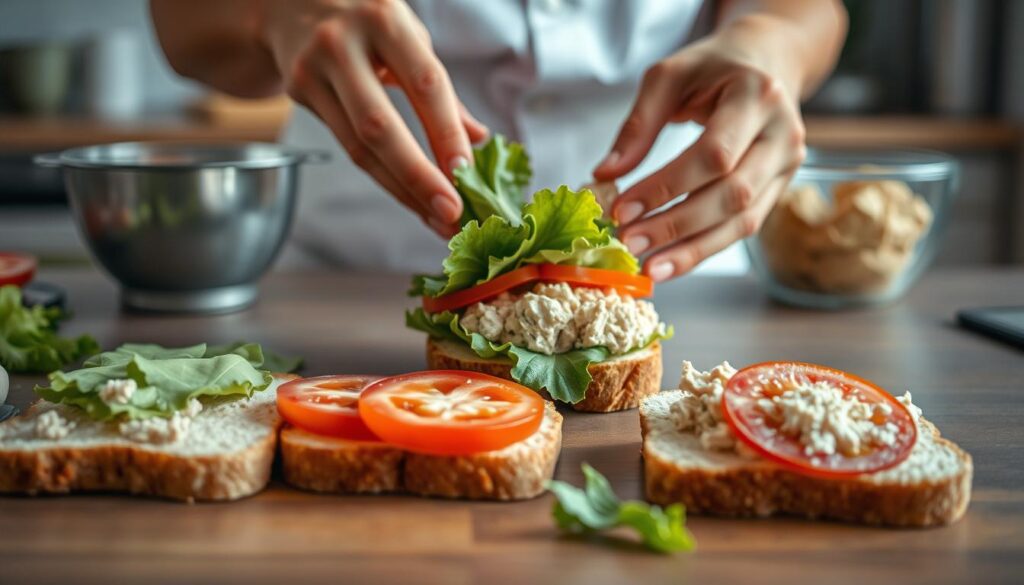 A meticulously composed scene of a tuna sandwich assembly, captured with a sharp focus and warm, natural lighting. The foreground showcases the main ingredients laid out in an orderly fashion - fresh slices of bread, a perfectly flaked tuna salad, crisp lettuce leaves, and delicate slices of ripe tomato. The middle ground features nimble hands gently assembling the sandwich, carefully layering the components to create a harmonious and appetizing whole. The background subtly suggests a kitchen countertop, with a clean and organized workspace setting the stage for this culinary creation. The overall mood is one of efficiency, attention to detail, and the satisfaction of a homemade meal. A meticulously composed scene of a tuna sandwich assembly, captured with a sharp focus and warm, natural lighting. The foreground showcases the main ingredients laid out in an orderly fashion - fresh slices of bread, a perfectly flaked tuna salad, crisp lettuce leaves, and delicate slices of ripe tomato. The middle ground features nimble hands gently assembling the sandwich, carefully layering the components to create a harmonious and appetizing whole. The background subtly suggests a kitchen countertop, with a clean and organized workspace setting the stage for this culinary creation. The overall mood is one of efficiency, attention to detail, and the satisfaction of a homemade meal.