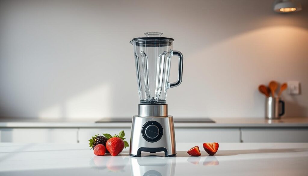 A modern, high-quality blender standing prominently on a sleek, minimalist kitchen counter. The blender's sharp, stainless steel blades and sturdy glass pitcher capture the light beautifully, exuding a sense of quality and functionality. The background is a neutral, muted tone, allowing the blender to be the central focus. The lighting is soft and diffused, creating subtle shadows that accentuate the blender's form and texture. The overall composition is balanced and visually appealing, conveying a sense of efficiency and ease-of-use, perfectly suited for creating delicious smoothies with frozen fruit. A modern, high-quality blender standing prominently on a sleek, minimalist kitchen counter. The blender's sharp, stainless steel blades and sturdy glass pitcher capture the light beautifully, exuding a sense of quality and functionality. The background is a neutral, muted tone, allowing the blender to be the central focus. The lighting is soft and diffused, creating subtle shadows that accentuate the blender's form and texture. The overall composition is balanced and visually appealing, conveying a sense of efficiency and ease-of-use, perfectly suited for creating delicious smoothies with frozen fruit.