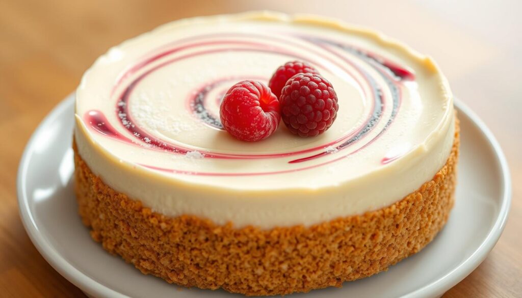 A mouthwatering cottage cheese cheesecake sits atop a golden graham cracker crust, its smooth and creamy texture glistening under soft, natural lighting. Swirls of tangy cottage cheese are delicately folded into a rich, velvety filling, creating a visually striking contrast with the lightly browned edges. The dessert is presented on a simple white plate, allowing its pure, wholesome ingredients to shine. A light dusting of powdered sugar adds a subtle sweetness, while a few fresh berries provide a pop of color and a hint of tartness to balance the dish. The overall composition evokes a sense of rustic elegance, perfectly capturing the essence of a healthy, protein-packed cheesecake. A mouthwatering cottage cheese cheesecake sits atop a golden graham cracker crust, its smooth and creamy texture glistening under soft, natural lighting. Swirls of tangy cottage cheese are delicately folded into a rich, velvety filling, creating a visually striking contrast with the lightly browned edges. The dessert is presented on a simple white plate, allowing its pure, wholesome ingredients to shine. A light dusting of powdered sugar adds a subtle sweetness, while a few fresh berries provide a pop of color and a hint of tartness to balance the dish. The overall composition evokes a sense of rustic elegance, perfectly capturing the essence of a healthy, protein-packed cheesecake.