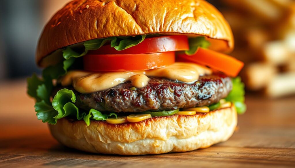 A mouthwatering deer meat burger, nestled between a freshly baked brioche bun. The patty, juicy and seasoned to perfection, glistens under a warm, golden-hued lighting. Crisp lettuce, vine-ripened tomatoes, and a tangy, creamy sauce adorn the bun, creating a visually-striking contrast. The scene is captured from a slightly elevated angle, allowing the viewer to appreciate the burger's appealing layers and textures. A soft, shallow depth of field blurs the background, keeping the focus on the star of the dish - the deer meat burger, a delectable centerpiece on a wooden surface. A mouthwatering deer meat burger, nestled between a freshly baked brioche bun. The patty, juicy and seasoned to perfection, glistens under a warm, golden-hued lighting. Crisp lettuce, vine-ripened tomatoes, and a tangy, creamy sauce adorn the bun, creating a visually-striking contrast. The scene is captured from a slightly elevated angle, allowing the viewer to appreciate the burger's appealing layers and textures. A soft, shallow depth of field blurs the background, keeping the focus on the star of the dish - the deer meat burger, a delectable centerpiece on a wooden surface.