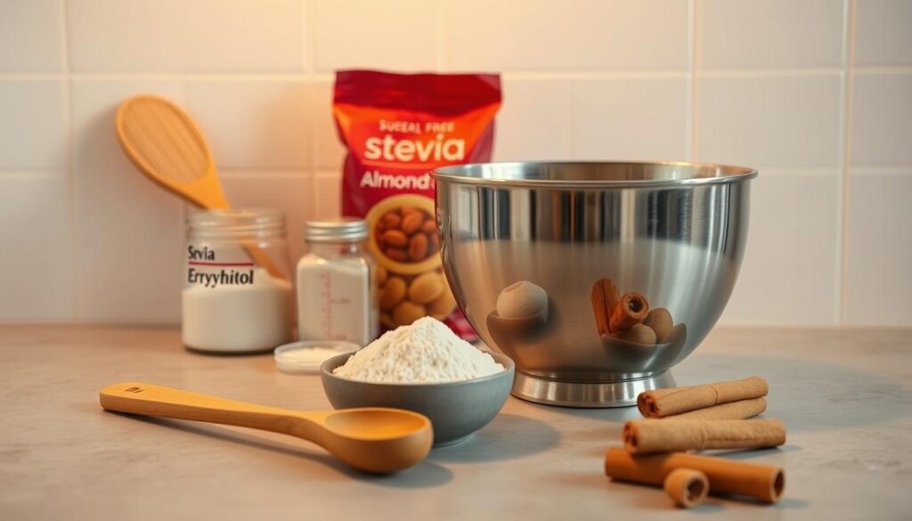 A neatly organized kitchen counter with a sleek stainless steel mixing bowl, a wooden spoon, and an assortment of sugar-free baking ingredients: stevia, erythritol, almond flour, and cinnamon. Warm, golden lighting casts a cozy glow over the scene, creating a welcoming atmosphere for healthy, guilt-free dessert preparation. In the background, a clean, minimalist white wall provides a crisp, uncluttered backdrop, allowing the baking elements to take center stage. The overall composition conveys a sense of simplicity, efficiency, and a focus on nutritious, diabetes-friendly baking. A neatly organized kitchen counter with a sleek stainless steel mixing bowl, a wooden spoon, and an assortment of sugar-free baking ingredients: stevia, erythritol, almond flour, and cinnamon. Warm, golden lighting casts a cozy glow over the scene, creating a welcoming atmosphere for healthy, guilt-free dessert preparation. In the background, a clean, minimalist white wall provides a crisp, uncluttered backdrop, allowing the baking elements to take center stage. The overall composition conveys a sense of simplicity, efficiency, and a focus on nutritious, diabetes-friendly baking.
