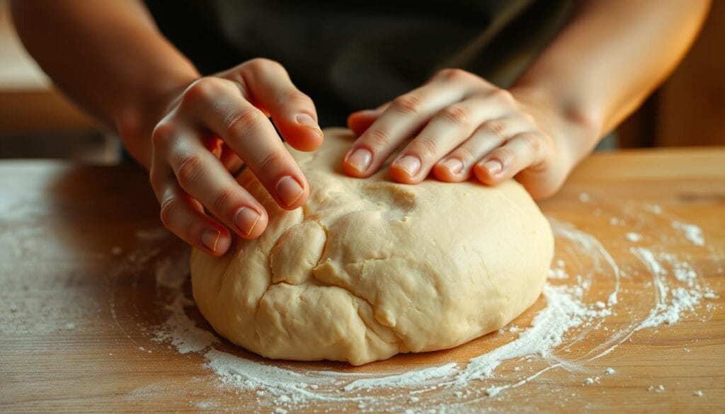 A person's hands gently kneading and shaping soft, pliable bread dough on a lightly floured wooden surface. The dough is a warm, golden hue, with a slightly textured surface. Warm, soft natural lighting illuminates the scene, creating a cozy, inviting atmosphere. The person's face is out of frame, focusing the attention on the delicate, skilled movements of their hands as they work the dough, shaping it into an even, smooth loaf. The background is slightly blurred, keeping the emphasis on the tactile, hands-on process of bread making. A person's hands gently kneading and shaping soft, pliable bread dough on a lightly floured wooden surface. The dough is a warm, golden hue, with a slightly textured surface. Warm, soft natural lighting illuminates the scene, creating a cozy, inviting atmosphere. The person's face is out of frame, focusing the attention on the delicate, skilled movements of their hands as they work the dough, shaping it into an even, smooth loaf. The background is slightly blurred, keeping the emphasis on the tactile, hands-on process of bread making.