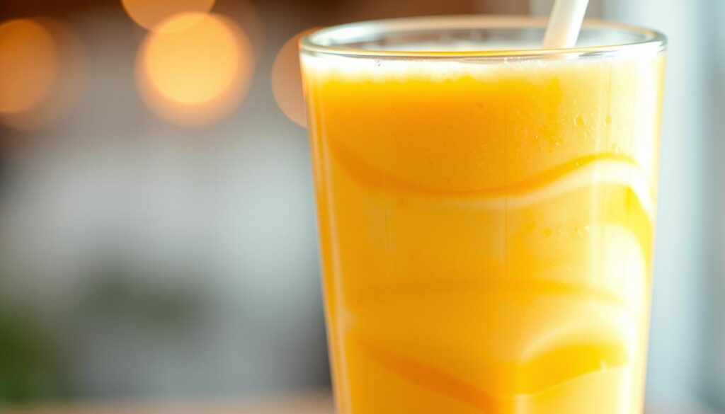 A refreshing and creamy mango smoothie, its golden hue shimmering under warm lighting. The blended fruit is thick and velvety, with swirls of vibrant orange and subtle white undertones. Juicy mango chunks are partially submerged, hinting at the indulgent texture. The smoothie is served in a tall, clear glass with a simple straw, allowing the viewer to appreciate its luscious appearance. The background is softly blurred, keeping the focus on the smoothie's alluring visual appeal. An inviting and summery scene, capturing the essence of a rejuvenating mango-based treat. A refreshing and creamy mango smoothie, its golden hue shimmering under warm lighting. The blended fruit is thick and velvety, with swirls of vibrant orange and subtle white undertones. Juicy mango chunks are partially submerged, hinting at the indulgent texture. The smoothie is served in a tall, clear glass with a simple straw, allowing the viewer to appreciate its luscious appearance. The background is softly blurred, keeping the focus on the smoothie's alluring visual appeal. An inviting and summery scene, capturing the essence of a rejuvenating mango-based treat.