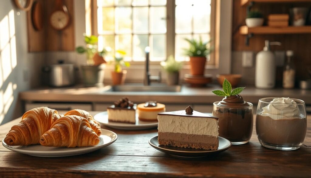 A rustic kitchen counter, bathed in warm, natural light from a large window. On the counter, an arrangement of dairy-free desserts - flaky vegan croissants, creamy cashew-based cheesecake, and decadent chocolate mousse made with coconut milk. The desserts are beautifully presented, with a focus on clean lines and minimal garnishes, showcasing their inherent richness and indulgence. In the background, a few potted plants add a touch of greenery, hinting at the healthful nature of these dairy-free treats. The overall atmosphere is one of cozy elegance, inviting the viewer to imagine the delicious flavors and textures of these dairy-free delights. A rustic kitchen counter, bathed in warm, natural light from a large window. On the counter, an arrangement of dairy-free desserts - flaky vegan croissants, creamy cashew-based cheesecake, and decadent chocolate mousse made with coconut milk. The desserts are beautifully presented, with a focus on clean lines and minimal garnishes, showcasing their inherent richness and indulgence. In the background, a few potted plants add a touch of greenery, hinting at the healthful nature of these dairy-free treats. The overall atmosphere is one of cozy elegance, inviting the viewer to imagine the delicious flavors and textures of these dairy-free delights.