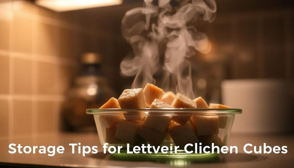 A small kitchen counter, dimly lit by warm overhead lighting. In the center, a glass container holds several cubed pieces of cooked chicken, glistening with a light sheen. Steam rises gently, indicating they have just been reheated. The background is slightly blurred, allowing the focus to remain on the chicken cubes, which are the clear subject of the image. The overall mood is one of simple, straightforward practicality, reflecting the "Storage Tips for Leftover Chicken Cubes" section of the article. A small kitchen counter, dimly lit by warm overhead lighting. In the center, a glass container holds several cubed pieces of cooked chicken, glistening with a light sheen. Steam rises gently, indicating they have just been reheated. The background is slightly blurred, allowing the focus to remain on the chicken cubes, which are the clear subject of the image. The overall mood is one of simple, straightforward practicality, reflecting the "Storage Tips for Leftover Chicken Cubes" section of the article.