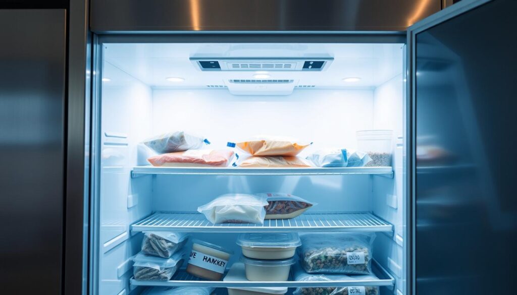 A stainless steel freezer unit with a sleek, modern design, its door slightly ajar, revealing the frozen contents inside. The lighting is bright and even, casting a cool, clinical glow that highlights the pristine, spotless interior. The shelves are neatly organized, with various frozen foods, including sealed containers and bags, arranged in an orderly fashion. The overall atmosphere is one of efficiency and practicality, perfectly suited for the storage and preservation of the classic chicken taco soup recipe. A stainless steel freezer unit with a sleek, modern design, its door slightly ajar, revealing the frozen contents inside. The lighting is bright and even, casting a cool, clinical glow that highlights the pristine, spotless interior. The shelves are neatly organized, with various frozen foods, including sealed containers and bags, arranged in an orderly fashion. The overall atmosphere is one of efficiency and practicality, perfectly suited for the storage and preservation of the classic chicken taco soup recipe.