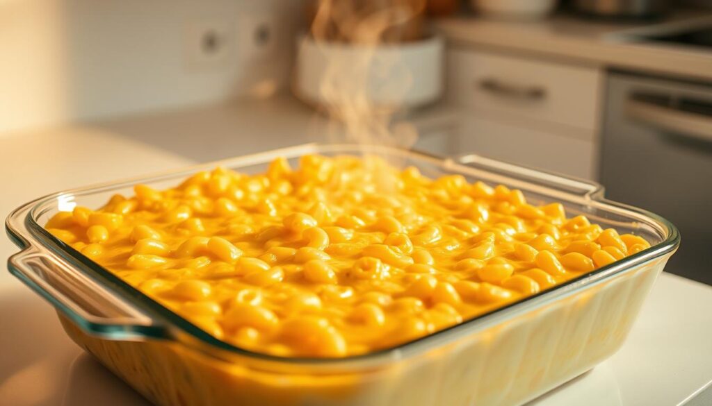 A steaming glass baking dish filled with freshly reheated, extra creamy macaroni and cheese. The golden-brown bubbling surface glistens under warm, soft lighting, beckoning to be served. The classic comfort dish is surrounded by a simple, minimalist kitchen setting, with clean white countertops and muted tones creating a cozy, homey atmosphere. The camera angle is slightly elevated, highlighting the tempting texture and inviting aroma of the piping hot mac and cheese, ready to be devoured.