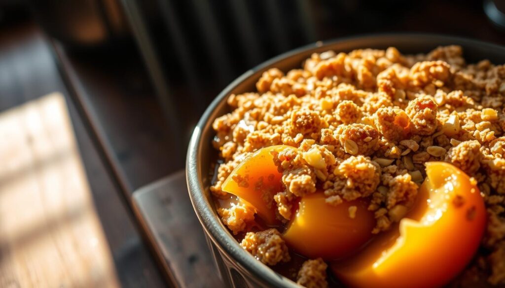 A sumptuous smoked peach crisp, freshly baked with a golden-brown crumble topping, resting on a rustic wooden table. The peaches have a subtle smoky aroma, their natural sweetness caramelized by the heat of the smoker. Soft, juicy fruit nestled beneath a satisfying crunch of oats, brown sugar, and butter. Warm rays of sunlight filter through the window, casting a soft glow on the delectable dessert. The scene evokes cozy autumn afternoons and the comforting flavors of a backyard barbecue. A tempting treat to cap off a savory smoker-cooked meal. A sumptuous smoked peach crisp, freshly baked with a golden-brown crumble topping, resting on a rustic wooden table. The peaches have a subtle smoky aroma, their natural sweetness caramelized by the heat of the smoker. Soft, juicy fruit nestled beneath a satisfying crunch of oats, brown sugar, and butter. Warm rays of sunlight filter through the window, casting a soft glow on the delectable dessert. The scene evokes cozy autumn afternoons and the comforting flavors of a backyard barbecue. A tempting treat to cap off a savory smoker-cooked meal.