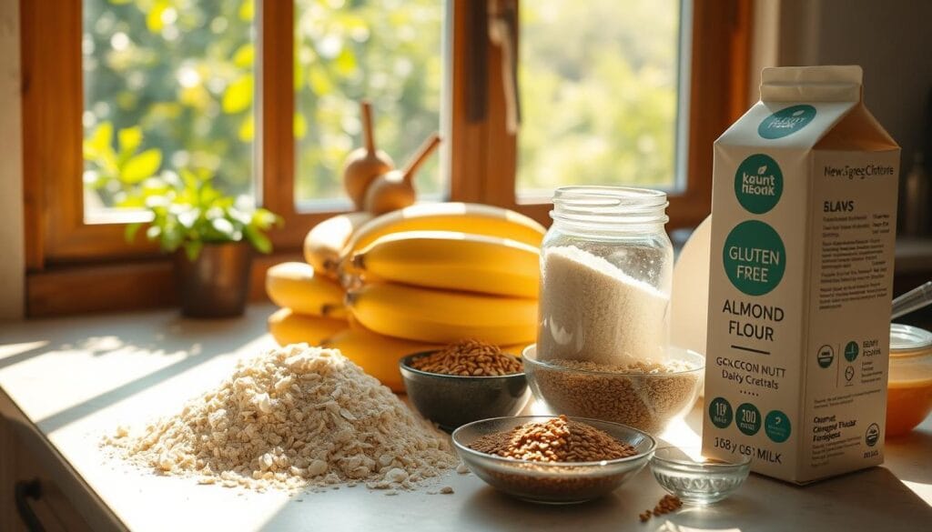 A sun-drenched kitchen counter is laden with an array of gluten-free ingredients: a pile of almond flour, coconut sugar crystals in a glass jar, a stack of ripe bananas, a bowl of flaxseeds, and a carton of dairy-free milk. The warm, natural lighting casts a soft glow, highlighting the textures and colors of these wholesome, allergy-friendly baking essentials. In the background, a window overlooking a lush garden adds to the serene, homey atmosphere, perfect for crafting delicious, allergen-free desserts. A sun-drenched kitchen counter is laden with an array of gluten-free ingredients: a pile of almond flour, coconut sugar crystals in a glass jar, a stack of ripe bananas, a bowl of flaxseeds, and a carton of dairy-free milk. The warm, natural lighting casts a soft glow, highlighting the textures and colors of these wholesome, allergy-friendly baking essentials. In the background, a window overlooking a lush garden adds to the serene, homey atmosphere, perfect for crafting delicious, allergen-free desserts.