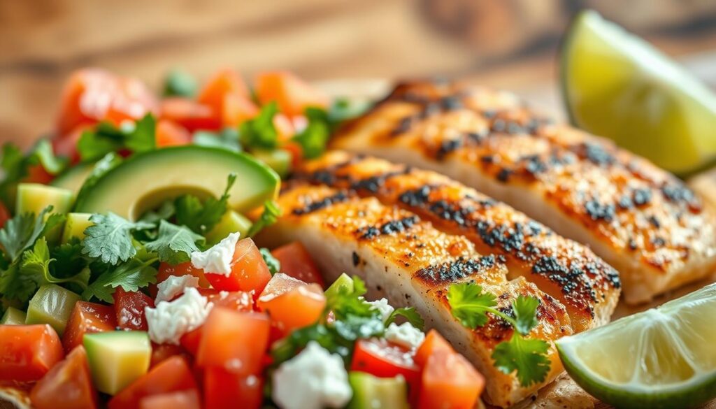 A vibrant and mouthwatering arrangement of fresh tilapia taco toppings, captured in a crisp, detailed close-up against a softly blurred background. In the foreground, an array of sliced avocado, diced tomatoes, chopped cilantro, crumbled queso fresco, and a generous squeeze of lime. The middle ground showcases a few sizzling tilapia fillets, lightly seasoned and grilled to perfection. The backdrop subtly hints at a rustic wooden surface, evoking a homemade, artisanal feel. Bright, natural lighting casts a warm, appetizing glow over the entire scene, inviting the viewer to dive into these delectable tilapia tacos. A vibrant and mouthwatering arrangement of fresh tilapia taco toppings, captured in a crisp, detailed close-up against a softly blurred background. In the foreground, an array of sliced avocado, diced tomatoes, chopped cilantro, crumbled queso fresco, and a generous squeeze of lime. The middle ground showcases a few sizzling tilapia fillets, lightly seasoned and grilled to perfection. The backdrop subtly hints at a rustic wooden surface, evoking a homemade, artisanal feel. Bright, natural lighting casts a warm, appetizing glow over the entire scene, inviting the viewer to dive into these delectable tilapia tacos.