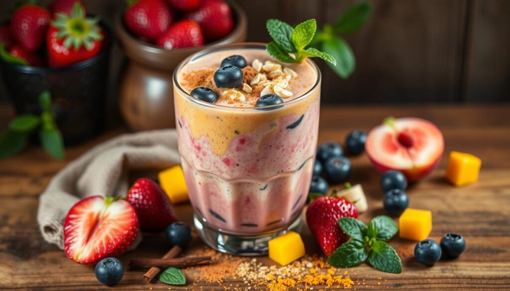A vibrant, artfully arranged still life of a colorful fruit smoothie in a glass. The smoothie is made with an array of fresh, ripe fruits such as strawberries, blueberries, bananas, and mango, blended with a creamy yogurt base. Sprinkling the surface are a variety of flavor enhancers and spices, including ground cinnamon, nutmeg, cardamom, and a light dusting of turmeric, which give the smoothie a rich, warm hue. The glass is positioned on a wooden surface with a few whole fruit pieces and herbs, such as mint leaves, scattered around it. The lighting is soft and diffused, creating a cozy, inviting atmosphere. The composition is balanced and visually appealing, capturing the essence of a nourishing, flavor-packed smoothie. A vibrant, artfully arranged still life of a colorful fruit smoothie in a glass. The smoothie is made with an array of fresh, ripe fruits such as strawberries, blueberries, bananas, and mango, blended with a creamy yogurt base. Sprinkling the surface are a variety of flavor enhancers and spices, including ground cinnamon, nutmeg, cardamom, and a light dusting of turmeric, which give the smoothie a rich, warm hue. The glass is positioned on a wooden surface with a few whole fruit pieces and herbs, such as mint leaves, scattered around it. The lighting is soft and diffused, creating a cozy, inviting atmosphere. The composition is balanced and visually appealing, capturing the essence of a nourishing, flavor-packed smoothie.