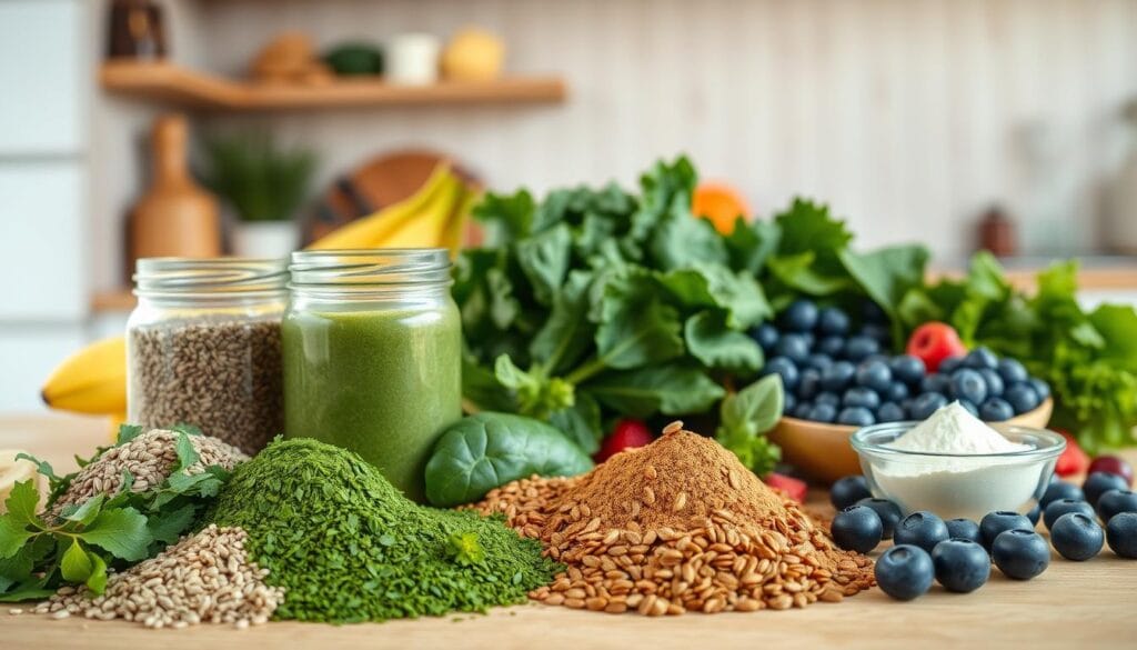 A vibrant collection of nutrient-dense smoothie boosters, shot in a bright, airy kitchen setting. In the foreground, an assortment of superfoods such as chia seeds, flaxseeds, spirulina powder, and protein powder, arranged artfully against a light wooden backdrop. In the middle ground, fresh fruits and vegetables like spinach, kale, blueberries, and bananas, ready to be blended into a nourishing smoothie. The lighting is soft and natural, creating a warm, inviting atmosphere. The overall composition emphasizes the health benefits and versatility of these smoothie boosters, inspiring the viewer to experiment with different ingredient combinations. A vibrant collection of nutrient-dense smoothie boosters, shot in a bright, airy kitchen setting. In the foreground, an assortment of superfoods such as chia seeds, flaxseeds, spirulina powder, and protein powder, arranged artfully against a light wooden backdrop. In the middle ground, fresh fruits and vegetables like spinach, kale, blueberries, and bananas, ready to be blended into a nourishing smoothie. The lighting is soft and natural, creating a warm, inviting atmosphere. The overall composition emphasizes the health benefits and versatility of these smoothie boosters, inspiring the viewer to experiment with different ingredient combinations.