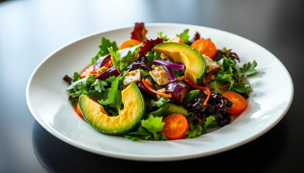 A vibrant, nutrient-rich salad with a medley of fresh greens, crisp veggies, and creamy avocado. The salad is artfully arranged, with each ingredient carefully placed to create a visually appealing composition. Soft lighting from overhead illuminates the salad, casting gentle shadows and highlighting the vibrant colors. The salad is presented on a sleek, minimalist plate, allowing the ingredients to take center stage. The atmosphere is serene and inviting, conveying the healthful and nourishing nature of this nutrient-dense meal. A vibrant, nutrient-rich salad with a medley of fresh greens, crisp veggies, and creamy avocado. The salad is artfully arranged, with each ingredient carefully placed to create a visually appealing composition. Soft lighting from overhead illuminates the salad, casting gentle shadows and highlighting the vibrant colors. The salad is presented on a sleek, minimalist plate, allowing the ingredients to take center stage. The atmosphere is serene and inviting, conveying the healthful and nourishing nature of this nutrient-dense meal.