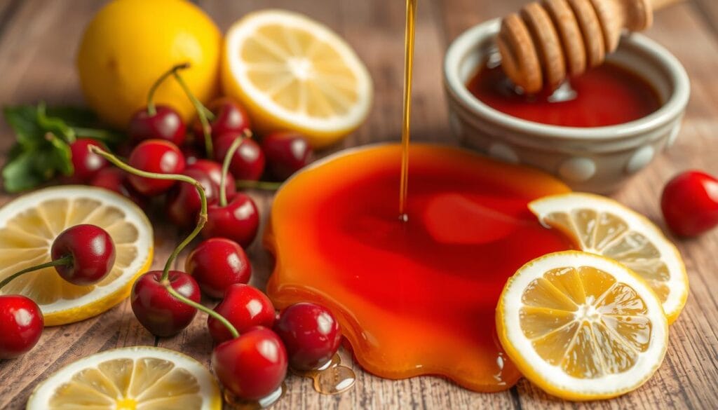 A vibrant still life capturing the essence of sweet and sour flavors. In the foreground, a delicate balance of fresh ingredients - ruby red cherries, tart lemon slices, and a rich golden honey drizzle. The middle ground features a ceramic bowl brimming with a tantalizing sauce, its deep amber hue glistening under soft, natural lighting. In the background, a wooden table with a rustic texture, setting the stage for this harmonious culinary display. The overall mood evokes a sense of warmth, balance, and the tempting allure of a homemade sweet and sour preparation. A vibrant still life capturing the essence of sweet and sour flavors. In the foreground, a delicate balance of fresh ingredients - ruby red cherries, tart lemon slices, and a rich golden honey drizzle. The middle ground features a ceramic bowl brimming with a tantalizing sauce, its deep amber hue glistening under soft, natural lighting. In the background, a wooden table with a rustic texture, setting the stage for this harmonious culinary display. The overall mood evokes a sense of warmth, balance, and the tempting allure of a homemade sweet and sour preparation.