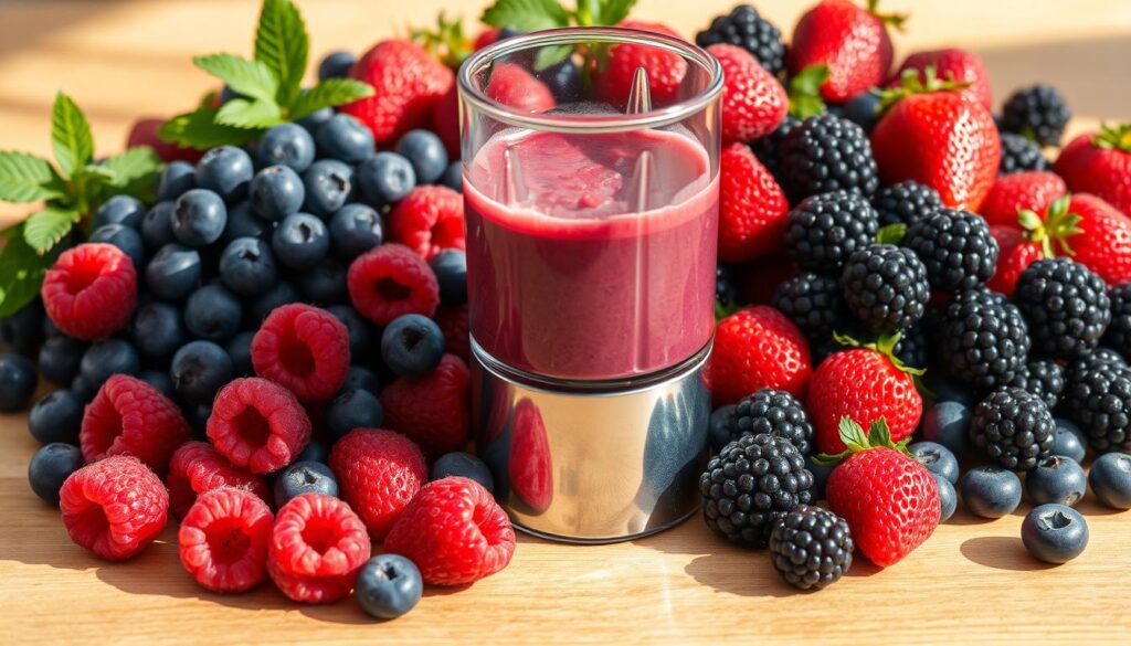 A vibrant still life of fresh, ripe berries - succulent raspberries, juicy blueberries, and plump blackberries - artfully arranged on a natural wooden surface. Soft, diffused natural lighting casts gentle shadows, highlighting the luscious textures and rich colors of the berries. In the middle ground, a glass blender with a metal base stands ready, its sharp blades glinting, hinting at the delicious smoothie to come. The overall composition evokes a sense of vitality, health, and the comforting pleasures of homemade, natural beverages. A vibrant still life of fresh, ripe berries - succulent raspberries, juicy blueberries, and plump blackberries - artfully arranged on a natural wooden surface. Soft, diffused natural lighting casts gentle shadows, highlighting the luscious textures and rich colors of the berries. In the middle ground, a glass blender with a metal base stands ready, its sharp blades glinting, hinting at the delicious smoothie to come. The overall composition evokes a sense of vitality, health, and the comforting pleasures of homemade, natural beverages.