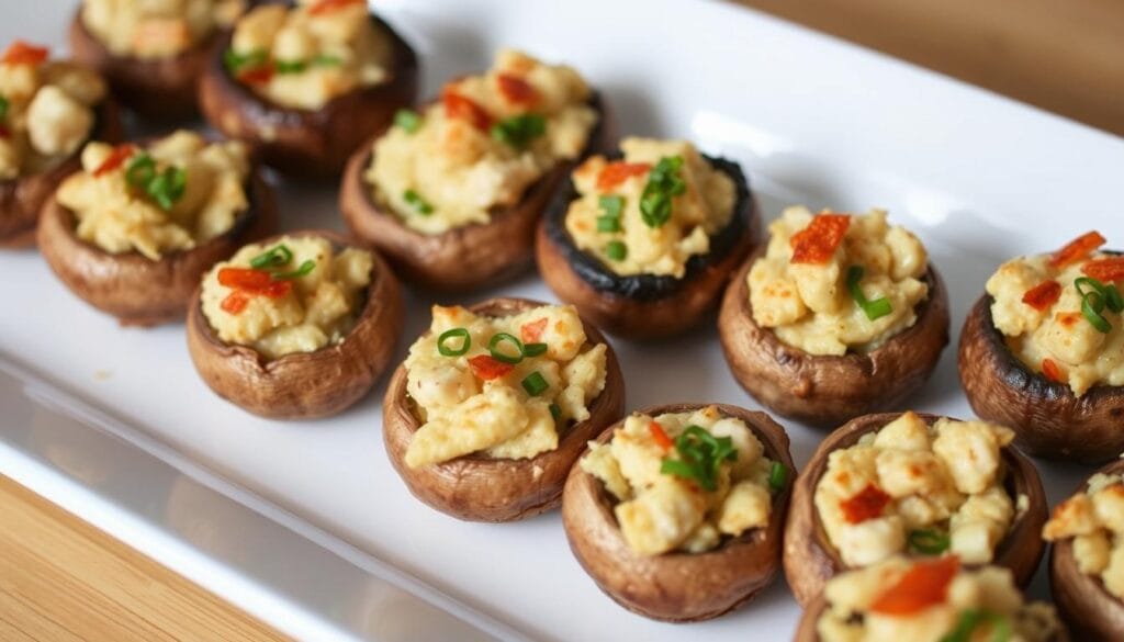 Crab stuffed mushroom caps baked until golden brown and served on a platter