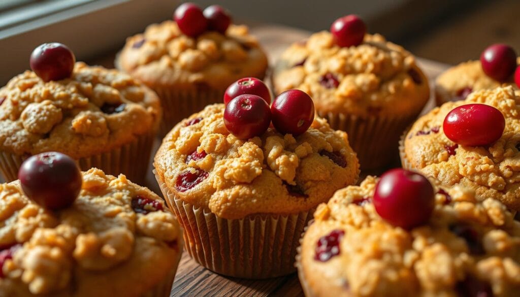 Cranberry orange muffins with a crumbly top and fresh cranberries on top Cranberry orange muffins with a crumbly top and fresh cranberries on top