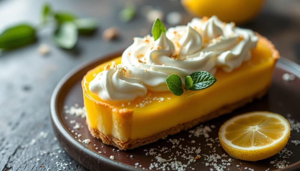 Create an image of a beautifully presented vegan lemon tart with a coconut cream topping. Create an image of a beautifully presented vegan lemon tart with a coconut cream topping.