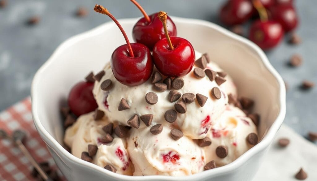 Create an image of a bowl of creamy cashew cherry chocolate chip nice cream, garnished with fresh cherries and chocolate chips. Create an image of a bowl of creamy cashew cherry chocolate chip nice cream, garnished with fresh cherries and chocolate chips.
