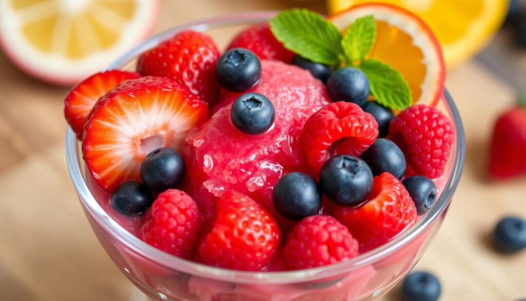 Create an image of a colorful fruit sorbet with a variety of fruits like strawberries, blueberries, and raspberries.