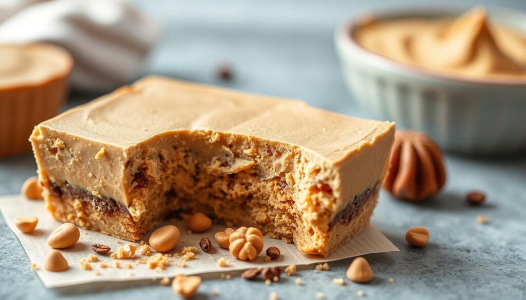 Create an image of a diabetic-friendly peanut butter dessert with a bite taken out, showcasing its texture and the natural ingredients used.