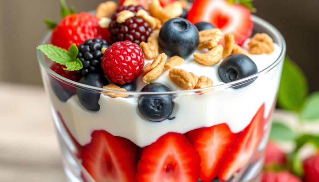 Create an image of a layered Greek yogurt parfait with berries and nuts.