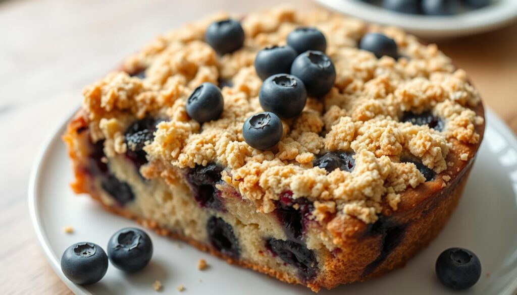 Create an image of a sugar-free blueberry coffee cake with a crumb topping. Create an image of a sugar-free blueberry coffee cake with a crumb topping.