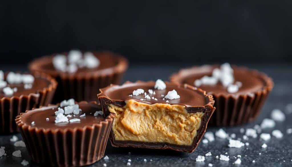 Create an image of no-bake chocolate peanut butter cups with a smooth chocolate exterior and a creamy peanut butter filling, garnished with a sprinkle of sea salt. Create an image of no-bake chocolate peanut butter cups with a smooth chocolate exterior and a creamy peanut butter filling, garnished with a sprinkle of sea salt.
